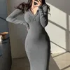 Casual Dresses Cute Loli Elegant V-neck Hooded Long Sleeve Grey Base Maxi Dress Autumn Winter 2021 Tight Skinny Korean Sexy N1W2