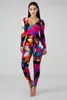 Kvinnors jumpsuits Women's Rompers mode Sexig Multicolor Print Patchwork Off Axel Full Sleeve Bodysuits Summer Pants Axeless