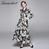 Autunno Runway Lily Floral Maxi Manica da donna Risvolto Fiore Stampa Vacanza Lungo Abito da festa vintage femminile 210416