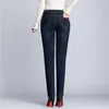 Winter Women's Jeans Velvet Morno Loose Plus Size Denim Mamãe Straight Mulher com Cintura Alta Calças pretas de cintura para as mulheres 210428