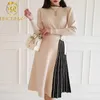 Höst 2021 Koreansk stil Kvinnor Stand Krage Långärmad Mode Temperament Patchwork Stickad Sweater A-Line Klänning Casual Dresses