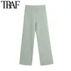 Traf Women Chic Fashion Side Fickets Straight Pants Vintage High Elastic Midje Zipper Fly Female Ankle Trousers Mujer 210415