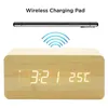 Modern Wooden Wood Digital LED Desk Alarm Clock Thermometer Wireless Charger With Qi Charging Pad 220311