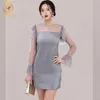 Mode Runway Spring Beading Mini Dresses Women Ruffle Mesh Flare Sleeve Vintage Elegant Patchwork Vestido da Festa 210520