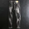 Ly Vintage Fashion Men Jeans High Quality Retro Black Gray Slim Ripped Scratch Designer Casual Cotton Denim Pants VEMW