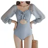 Polyester Korean style one-piece swimsuit long sleeves high waist slim bikini women Solid 210416