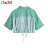 Summer Women Green Striped Crop Shirt Vintage Short Sleeve Knotted Hem Female Blouse Chic Tops BE638 210416