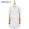 White Elegant Dress For Women V Neck Puff Short Sleeve High Waist Hollow Out Mini Dresses Female Fashion Style 210520