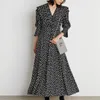 Kuzuwata Japanska Höst Kvinnor Rorskor Sött Temperament Vestidos V Neck Puff Sleeve Print High Waist Drawstring Dresses 220311