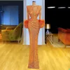 Жемчужные перью русалки вечерние платья оранжевые длинные рукава блестки выпускные платье на заказ формальная вечеринка длина пола высокой шеи Vestido de Novia