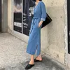 AELEGANTMIS Koreański Chic Luźne Sashes Denim Wysoka Sukienka Talii Kobiety Wiosna Casual Dżinsy Z Pasem Kobiet V Neck Długi Rękaw 210607