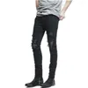 Nouveau Dropshipping Hommes Déchiré Biker Jeans Distressed Moto Denim Joggers Détruit Genou En Cuir Plissé Patch Jeans X0621