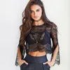 Sexy Transparent Femmes Blusas Femininas À Manches Longues O Cou Élégant Night Party Blouse Évider Noir Dentelle Crop Top Printemps 210517