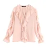 Trafe Women Vintage Fashion Ruffled Chiffon Blouses V Neck Långärmad Elegant Damer Skjortor Blusas Mujer Chic Toppar 210415