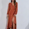 Casual Dresses ATUENDO Autumn Solid Party Dress For Women Fashion Wedding Guest Maxi Robe Leisure Vintage Satin Silk Women's Clothing