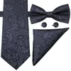 Hi-Tie Classic Mens Tie Black Floral Silk Woven Bowtie With Handkerchief Cufflinks For Mens Wedding Dress Fashion Suit