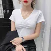 T-shirt court en coton modal de style coréen d'été sexy solide col en v drapé lâche haut pour femme manches tous les t-shirts assortis T13027A 210421