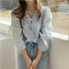 Ol Brief Office Lady V-Neck Alla Match Ruffles Lace-up Chic Sweet Fashion High Street Streetwear Stylish Blouses 210421