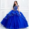 Vintage Royal Blue Quinceanera klänningar från axel Appliced ​​spets prom party klänning tier formell söt 16 klänning anpassad259y
