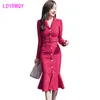 Dress women's autumn and winter slim red fishtail Office Lady Sheath Zippers Knee-Length 210416