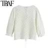 Women Fashion With Bows Hollow Out Knitted Blouses Vintage O Neck Puff Sleeve Female Shirts Chic Tops 210507