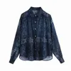 Vintage Women Blue Chiffon Shirts Fashion Ladies Boho Print Tops Streetwear Kvinna Chic Vänd ner krage Blusar 210430