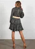 leopard polka dot dress women autumn winter ruffle short dress lace up front elegant ladies long sleeve dress 210415