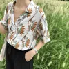 Hawaii Donna Colletto rovesciato Manica corta Camicetta camicia allentata con bottoni floreali bianchi arancioni B0088 210514