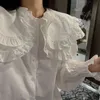 Coleira de boneca retro manga comprida blusa mulheres elegantes rebffles retalhos soltos blusas ol único design de mama camisa 49593 210422
