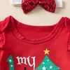 Set di abbigliamento Set di vestiti in quattro pezzi per bambina. Simpatica tuta a maniche lunghe con stampa natalizia e gonna in garza scozzese, fascia per capelli