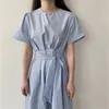 Sommar fräsch pläterad spets upp tunn bomullsklänning minimalistisk kvinna alla matchar snygga chic A-line solida klänningar 210421