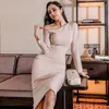 Women Slim Elegant Sexy Hollow Metal Splice One Off Shoulder Party Dress Spring Long Sleeve Bodycon Pencil Dresses 210529