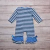 Yaz Kız Giysileri Mavi Çizgili Uzun Kollu Boyama Beyaz Pamuk Nakış Desen Yay Toddler Bebek Romper 211011