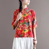 Johnature Dames Vintage Print Floral Shirts en Tops Stand Blouses Button Summer Rood Losse Chinese Stijl Vrouwelijke Shirts 210521
