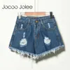 JOCOO JOLEE DREUGEN ZOMER CASUAL HOE ONGEVOEREN IRREGELIJKE CAT RANDEN Large Maat Denim shorts Hoge taille vaste knop Normcore broek 210619