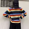 Wiosna Jesień Damskie Topy Koreańskie Paski Rainbow Krótkie Koszulki Z Długim Rękawem Okrągły Neck Wild Casual Sweter Top LL732 210506