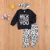 0-24m Höstfödd Spädbarn Babyflickor Kläder Set Långärmad Svart Sweatshirt Toppar Leopardbyxor Headband Outfits 210515