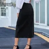 Seksi Streetwear Düğme Kadın Etek Sonbahar Kış Zarif Denim Kadın Yüksek Bel Rahat Bodycon Uzun S 210510