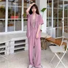 Sommar Casual Women's Pantsuit Short-Sleeved Blazer Girly Elastic Waist Wide-Ben Pants Two-Piece Set 210514