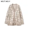 WOTWOY Autumn Winter V-Neck Knitted Cardigans Women Single Breasted Printed Loose Sweaters Female Casual Cardigans Soft Knitwear 211124