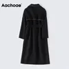 Aachoae أسود اللون 100٪ الصوف معطف المرأة أنيقة مخطط طويل معاطف سيدة رفض طوق ضمادة معطف طويل الأكمام قميص 210413