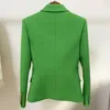 2020 Blazer verde clásico para mujer otoño Metal dorado doble botonadura botón Delgado algodón Lino Blazers chaquetas traje Dropshipping X0721