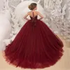 Burgundy Jewel Neck Ball Gown Lace Flower Girls Dresses with Appliqued Sweep Train Tulle First Communion Dress
