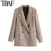 TRAF Femmes Mode Double Boutonnage Check Blazer Manteau Vintage Manches Longues Dos Vents Femelle Survêtement Chic Tops 210415
