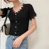 Women Patched Lace V-Neck Knitted Short Sleeve Thin Sweaters Lady Single-breasted Hollow Out Sweater Crop Tops Female 210507