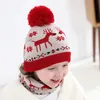 2021 Winter New Christmas Style Pom Hat And Neckerchief 2PC Set Elk XMAS Trees Deer Jacquard Kids Beanies With Pompom