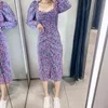 Femmes imprimé fleuri longue robe de plage Boho dos nu moulante plissée Streetwear manches Sexy fête Midi es Vestidos 210515