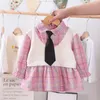 Neue Frühling Herbst Baby Mädchen Grid Langarm Kleidung Kinder Baumwolle Krawatte Kleid Kleinkind Mode Kostüm Kinder Casual Sportswear Q0716