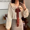 Japonia Style Blusas Mujer Bow Corduroy Jesień Zimowe Bluzki Kobiety Ubrania Solidne Koszule Peter Pan Collar 19201 210415