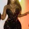 Robes de dentelle noire courtes manches longues Tulle Sexy Tulle Sheer Fête Robe Plus Taille Femmes ASO EBI Robes de soirée Zipper Retour 210719